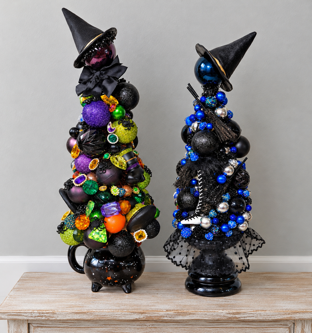 Black & Electric Blue Witch Hat and Broom Halloween Table Top Tree Centerpiece