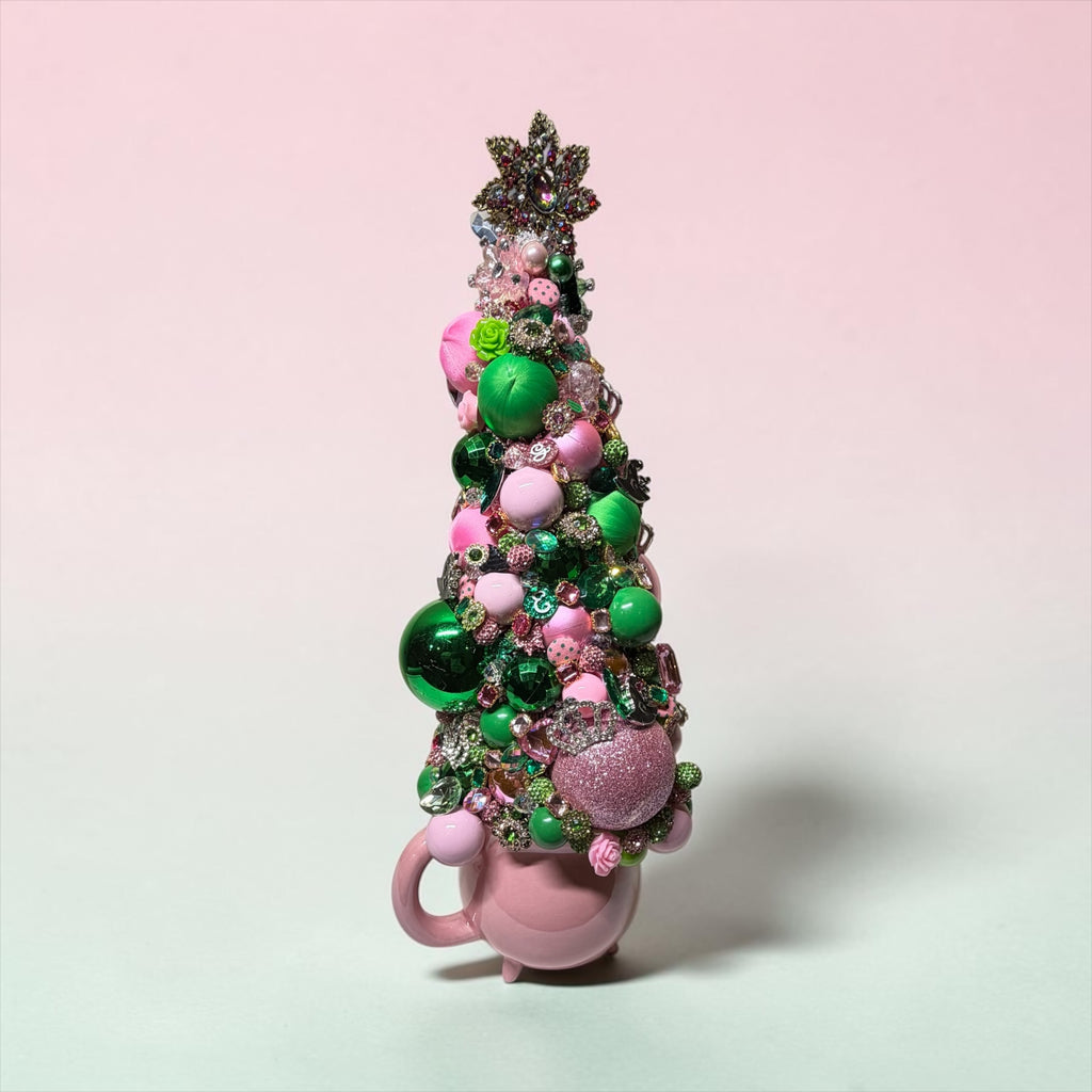 Pink & Green Bejeweled Bottle Brush Table Top Tree | Handmade Luxury Holiday Decor | “Wicked” Movie Theme Tree