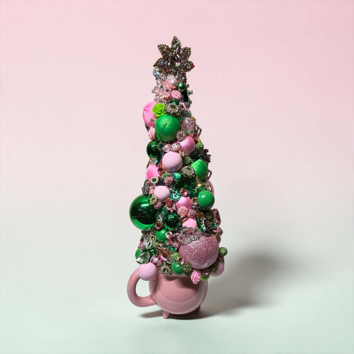 Pink & Green Bejeweled Bottle Brush Table Top Tree | Handmade Luxury Holiday Decor | “Wicked” Movie Theme Tree