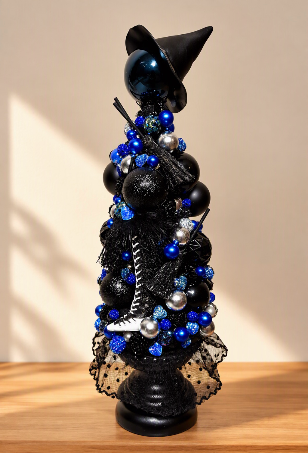 Black & Electric Blue Witch Hat and Broom Halloween Table Top Tree Centerpiece