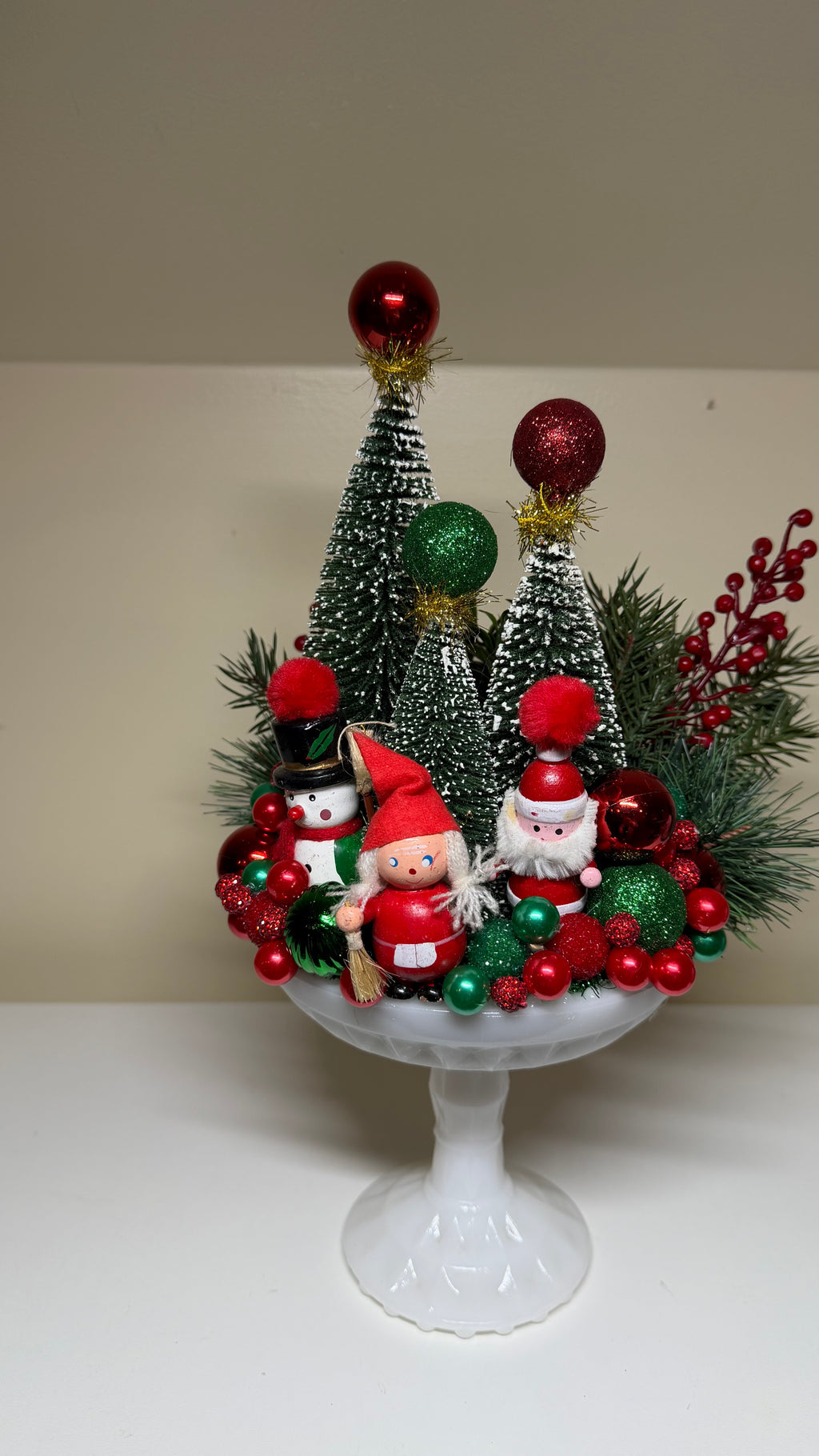 Vintage Ornament Christmas Assemblage Featuring Bejeweled Bottle Brush Tree Centerpiece in Milk Glass Pedestal
