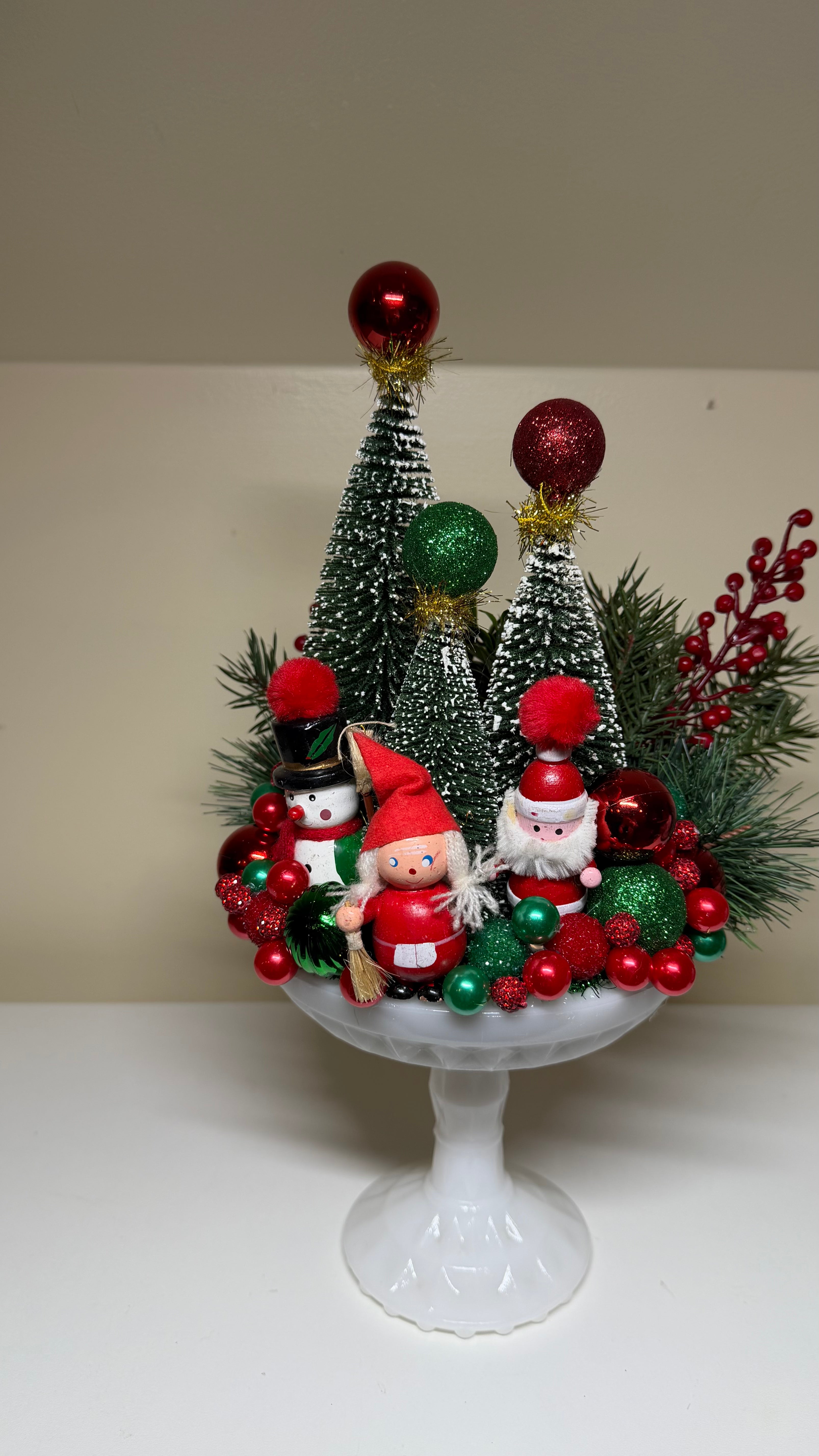 Vintage Ornament Christmas Assemblage Featuring Bejeweled Bottle Brush Tree Centerpiece in Milk Glass Pedestal