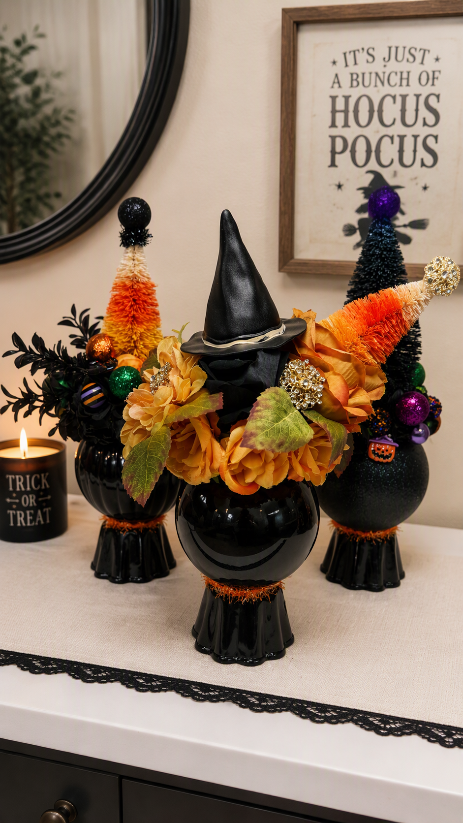 Handmade Halloween Bottle Brush Tree and Large Ball Ornament Collection - Spooky Glam Whimsical Halloween Decor