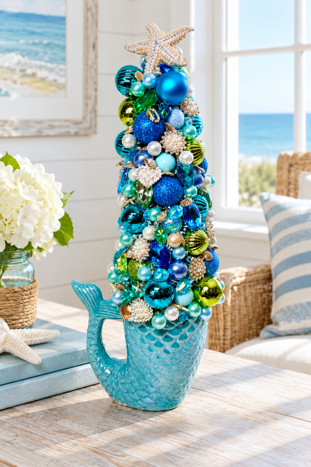 A decorative mermaid-tail-shaped tree ornament filled with blue, turquoise, green, and gold Christmas ornaments and topped with a starfish, displayed on a table in a bright coastal-themed room.