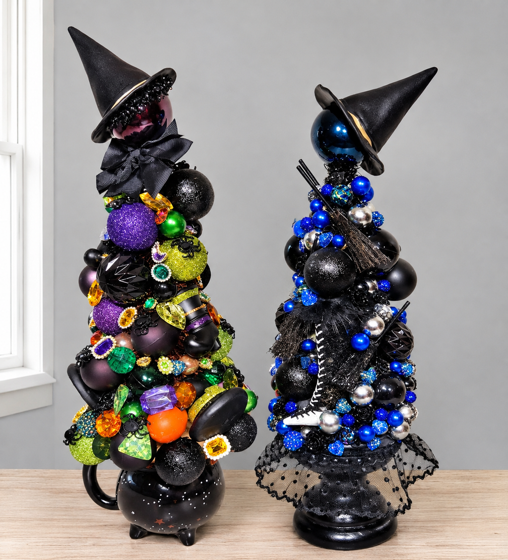 Black & Electric Blue Witch Hat and Broom Halloween Table Top Tree Centerpiece