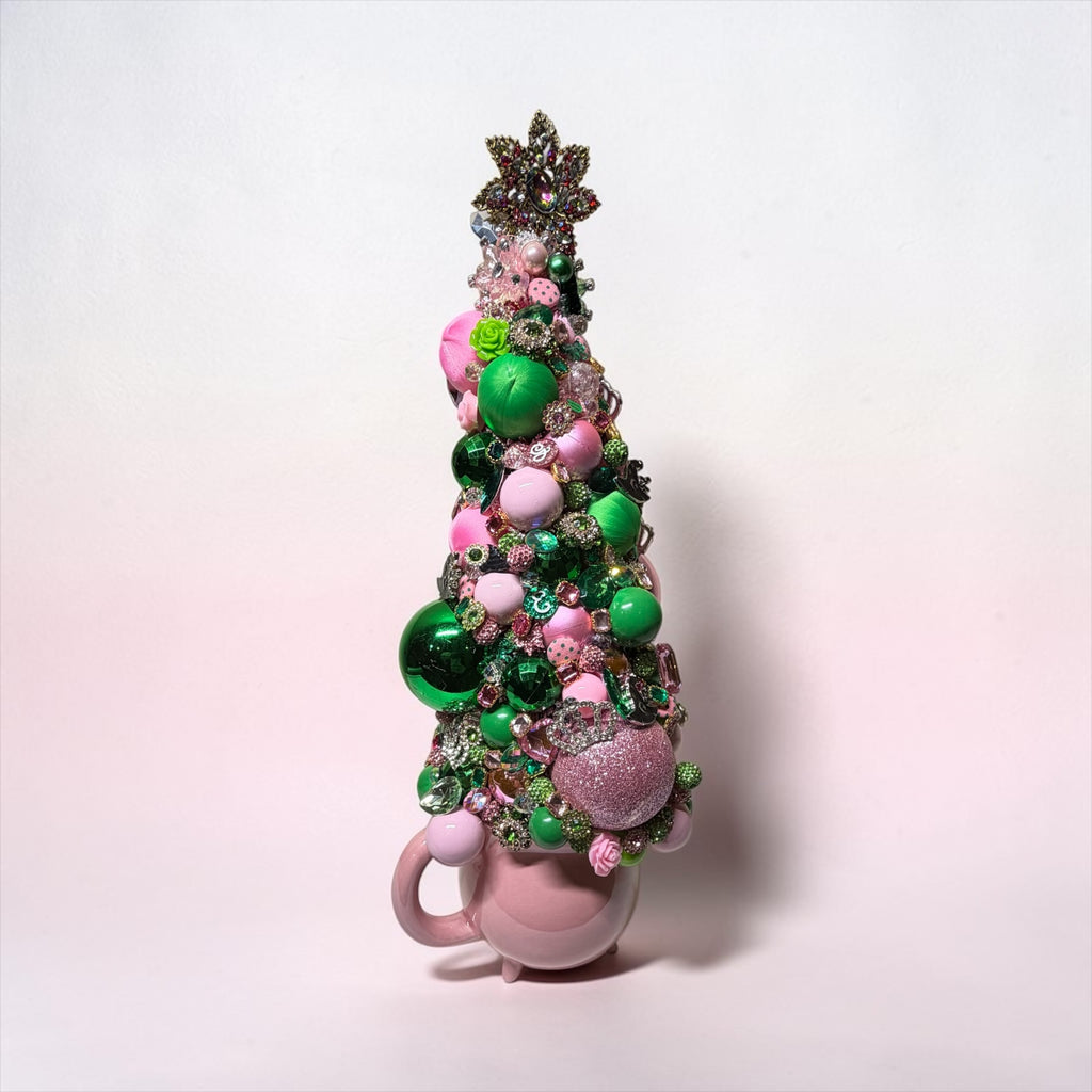 Pink & Green Bejeweled Bottle Brush Table Top Tree | Handmade Luxury Holiday Decor | “Wicked” Movie Theme Tree