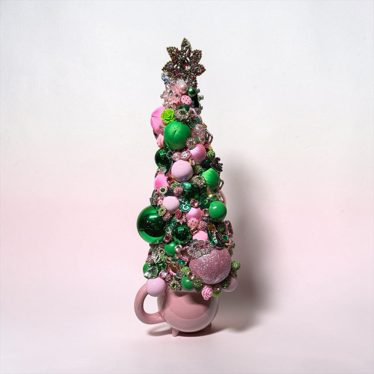 Pink & Green Bejeweled Bottle Brush Table Top Tree | Handmade Luxury Holiday Decor | “Wicked” Movie Theme Tree