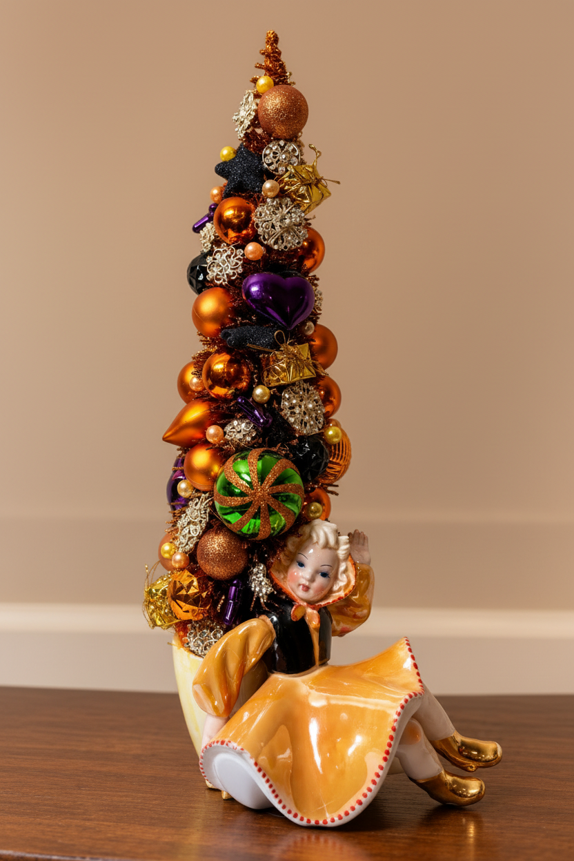 A decorative Halloween display featuring a miniature gold and orange Christmas tree with metallic ornaments, a seated porcelain girl figurine in a yellow dress, a carved pumpkin, books, and autumn floral decor in a warmly lit indoor setting.
