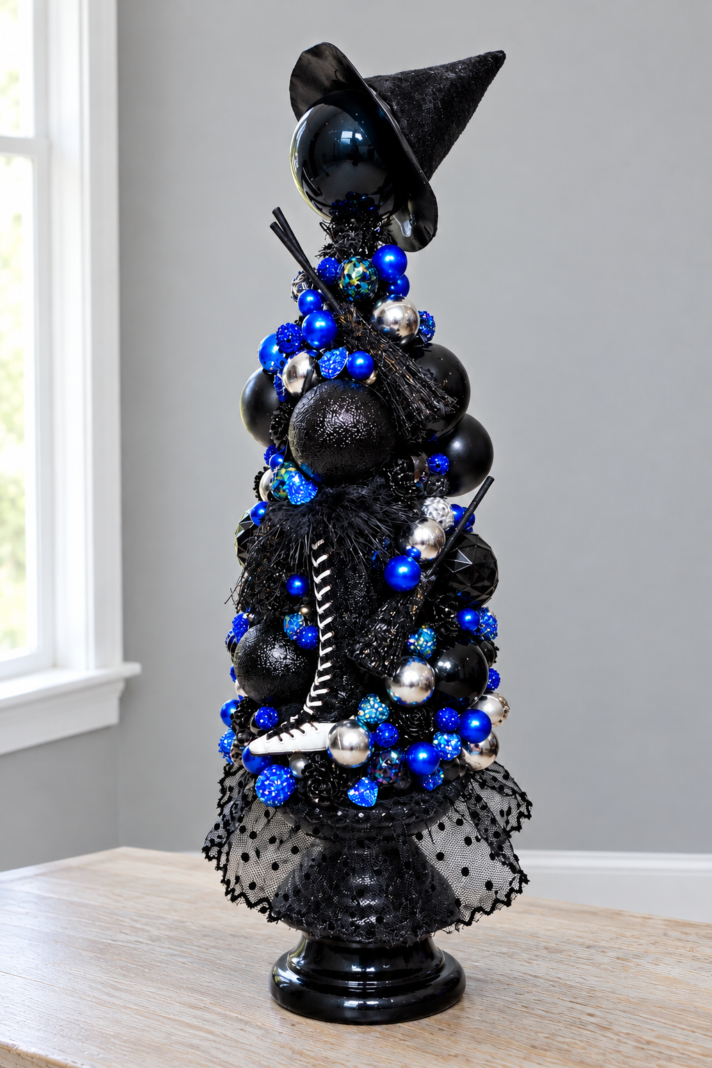 Black & Electric Blue Witch Hat and Broom Halloween Table Top Tree Centerpiece