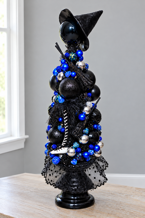 Black & Electric Blue Witch Hat and Broom Halloween Table Top Tree Centerpiece