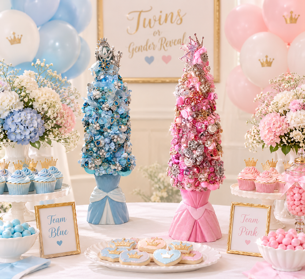 A decorated baby shower or twins reveal party table with two tall candy trees, one blue and one pink, surrounded by cupcakes, flowers, balloons, and signs reading Team Blue and Team Pink.