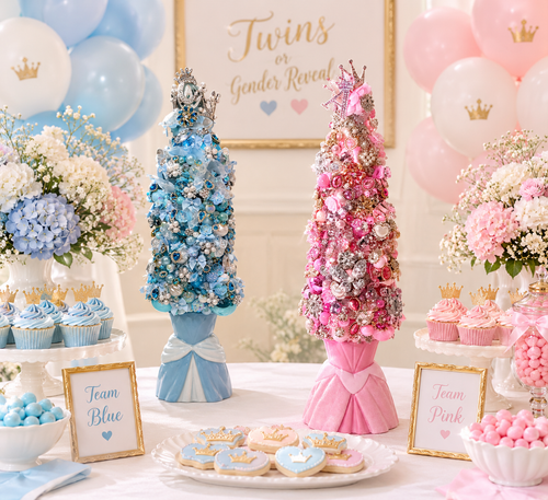 A decorated baby shower or twins reveal party table with two tall candy trees, one blue and one pink, surrounded by cupcakes, flowers, balloons, and signs reading Team Blue and Team Pink.