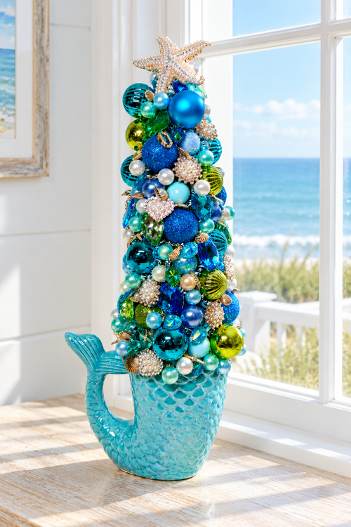 A decorative mermaid-tail-shaped tree filled with blue, teal, green, and silver ornaments, topped with a starfish, set on a windowsill with a beach view in the background.