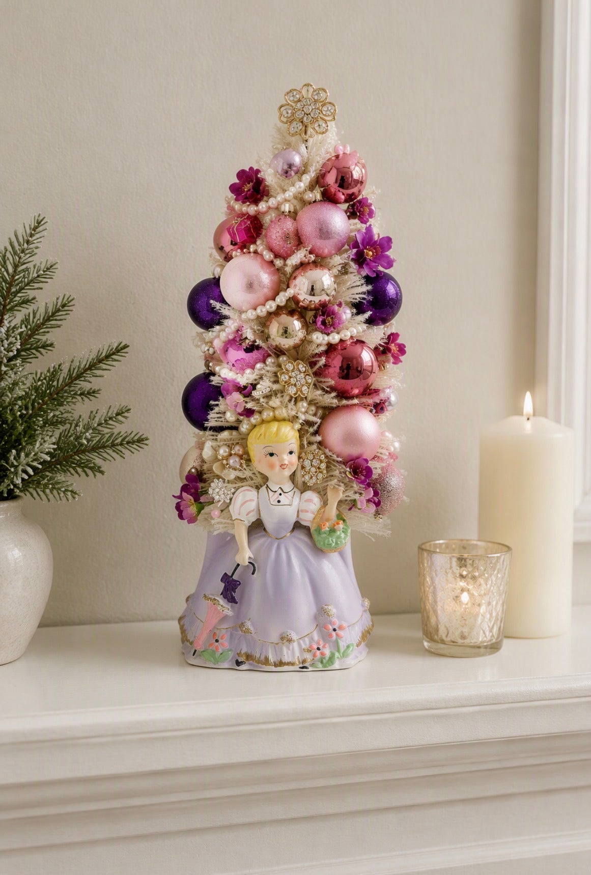 Vintage Ruben’s Purple Girl Planter Bottle Brush Christmas Tree - Handmade Holiday Decor