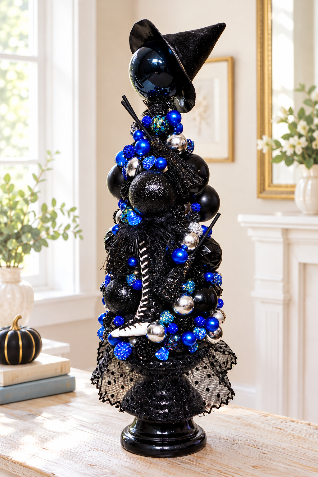 Black & Electric Blue Witch Hat and Broom Halloween Table Top Tree Centerpiece