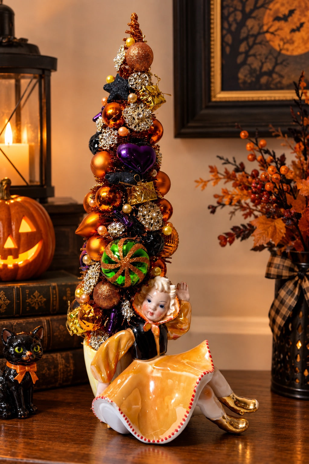 Vintage Halloween Ornament Tree with Ceramic Figurine | Handcrafted Collectible Decor