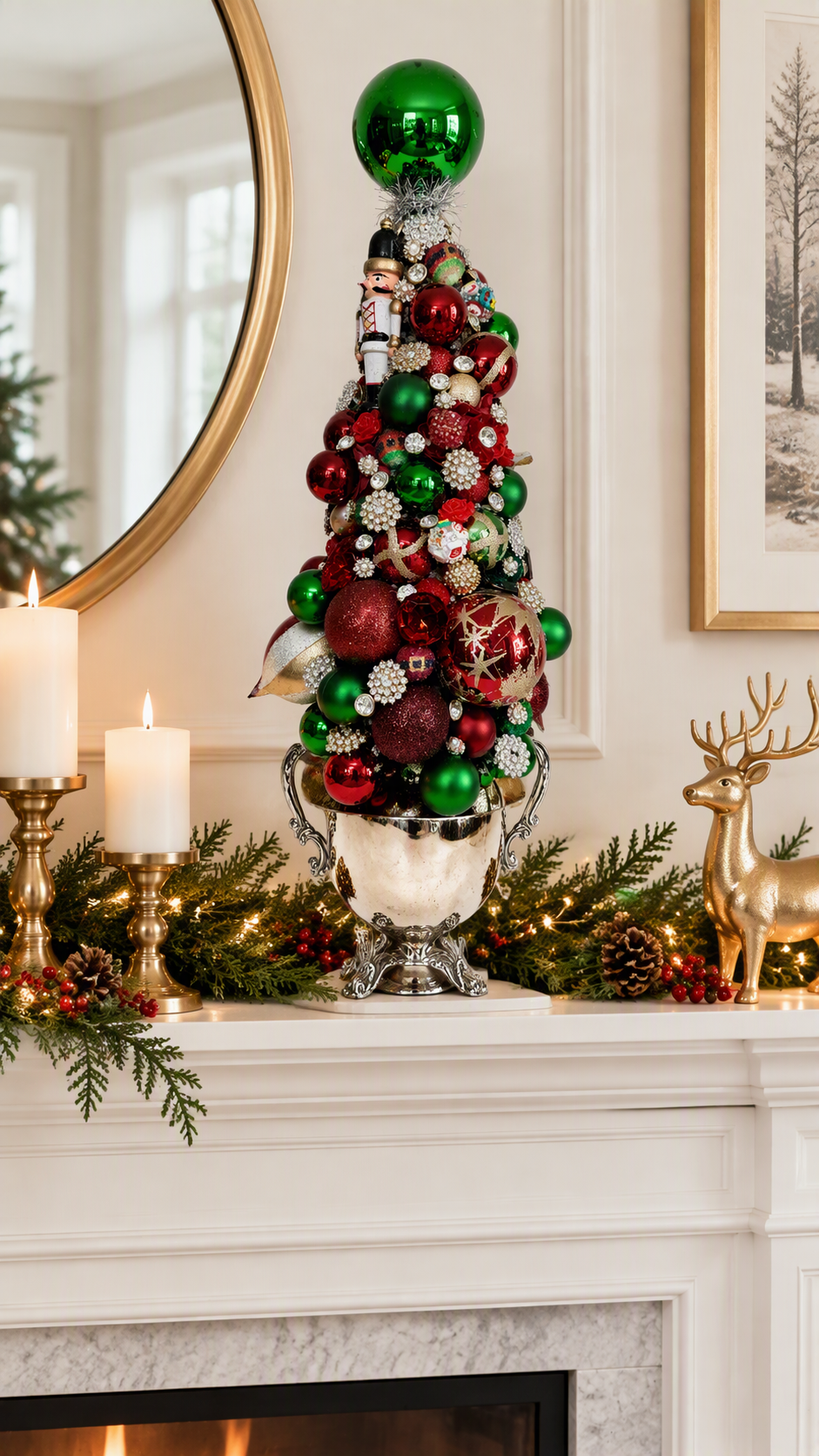 A decorative Christmas tree centerpiece in a silver bowl, decorated with red, green, and white ornaments, displayed on a white fireplace mantel with candles, green garland, and a gold deer figurine in a living room setting.