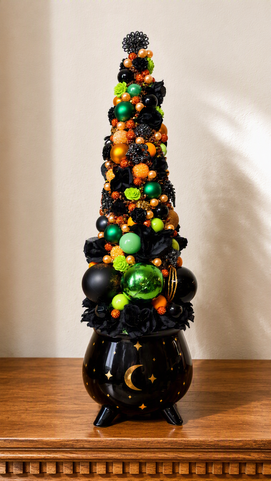 Halloween Ornament Tree in Black Cauldron | Gothic Halloween Decor | Spooky Tabletop Tree | Witchy Mantel Decoration | Green Orange Black