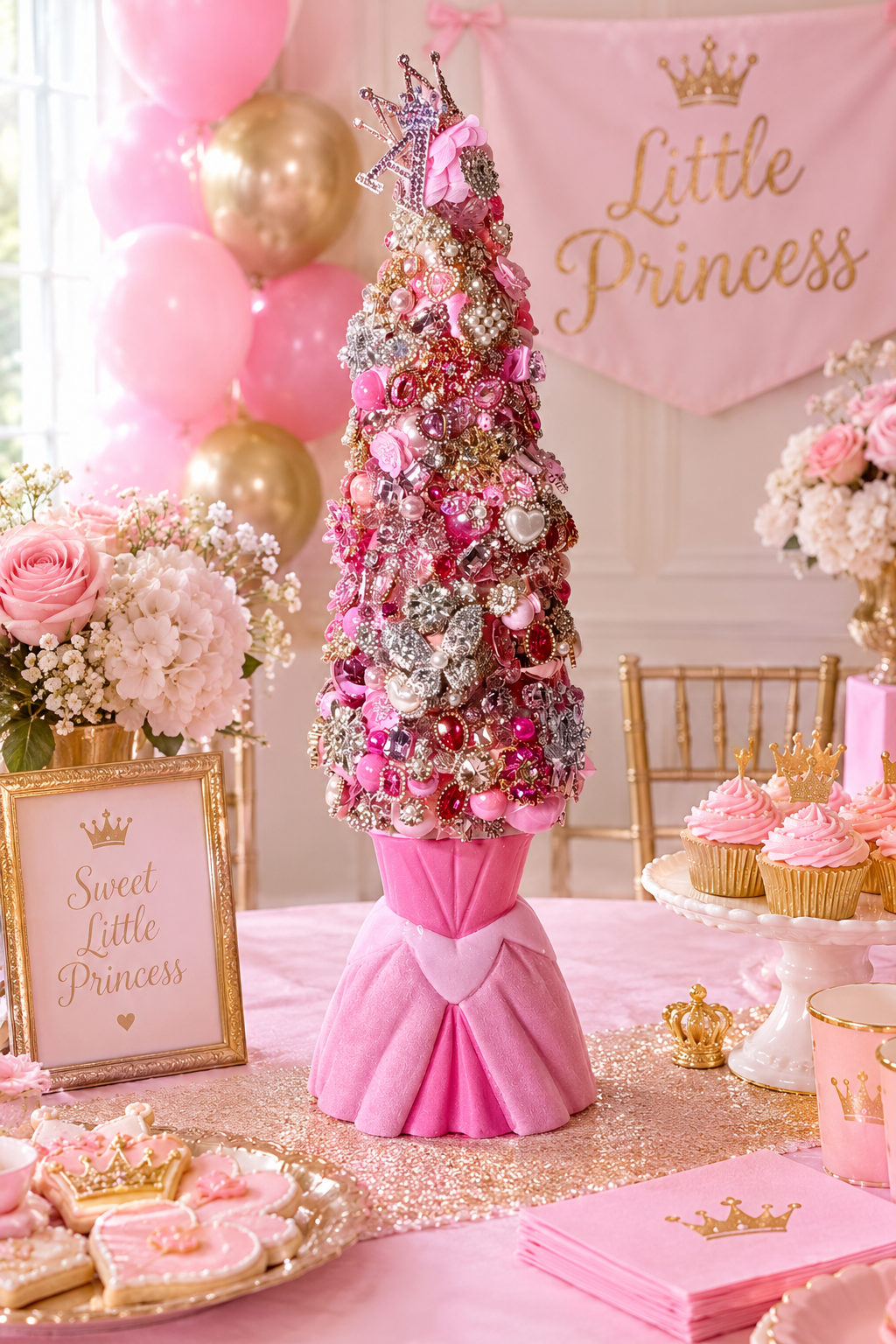 A pink and silver decorative tree centerpiece styled like a princess-themed party table, surrounded by pink and gold balloons, cupcakes, cookies, napkins, and a pink banner that reads 'Little Princess'.