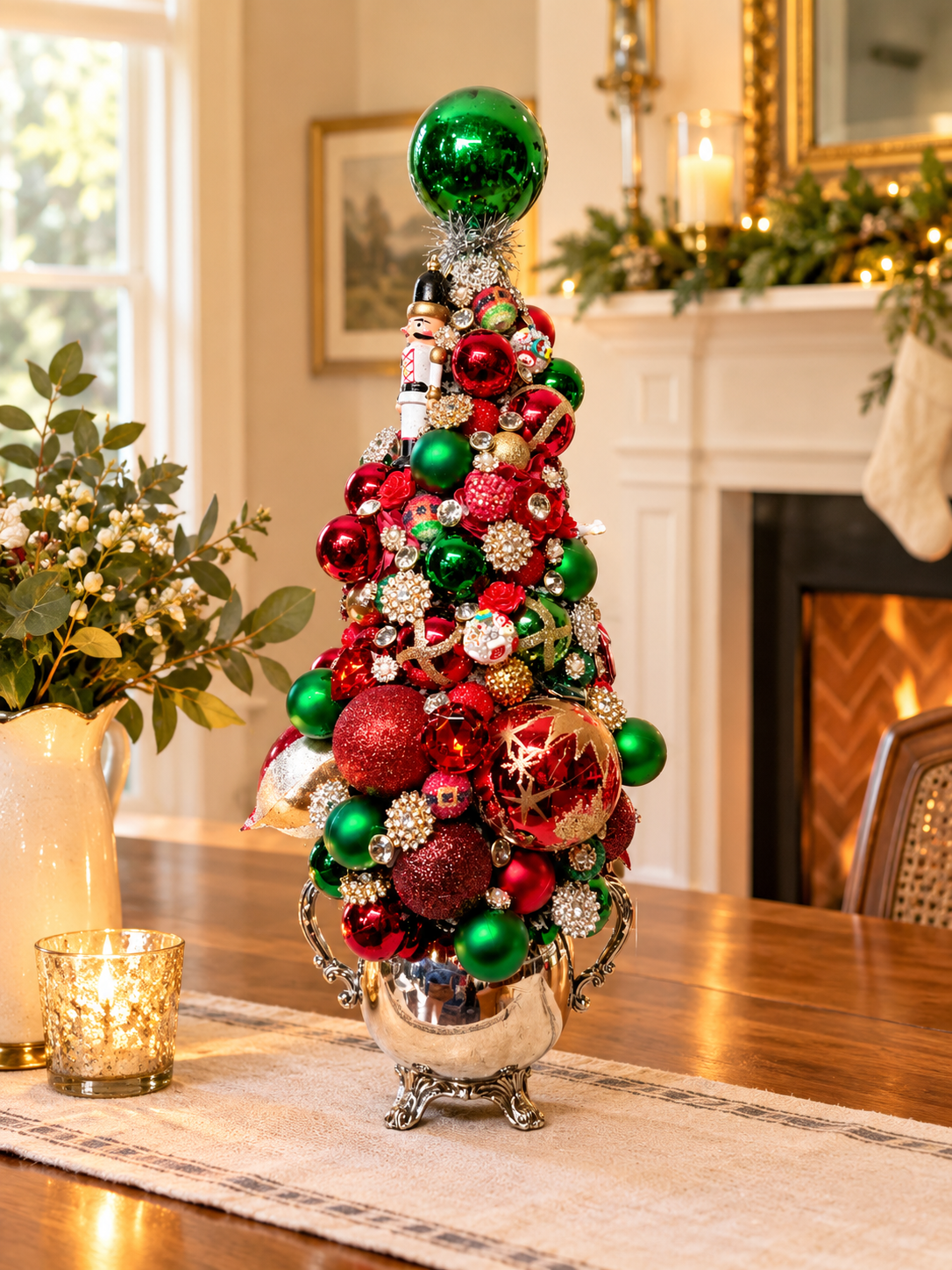 A festive tabletop Christmas tree display in a silver bowl, decorated with red and green ornaments, silver beads, and a green tree topper, set on a dining table in a warmly lit living room.