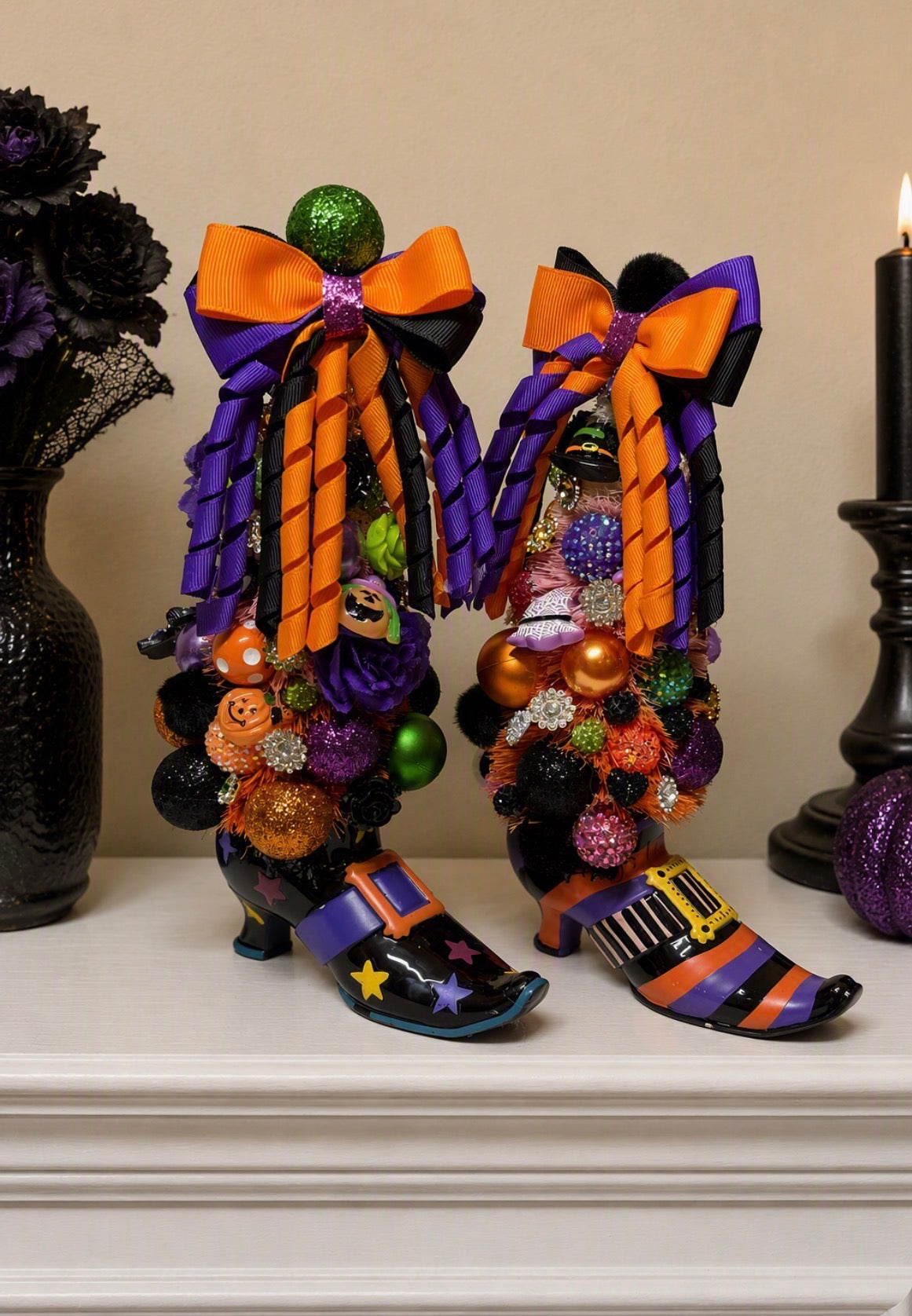 Halloween Witch Boot Bejeweled Bottle Brush Trees