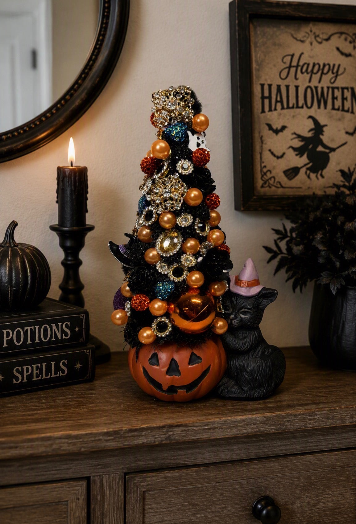 Vintage Halloween Ceramic Pumpkin and Cat Ornament Tree – One-of-a-Kind Halloween Decor – Retro Fall Tabletop Display – Handmade