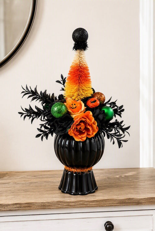 Handmade Halloween Bottle Brush Tree and Large Ball Ornament Collection - Spooky Glam Whimsical Halloween Decor