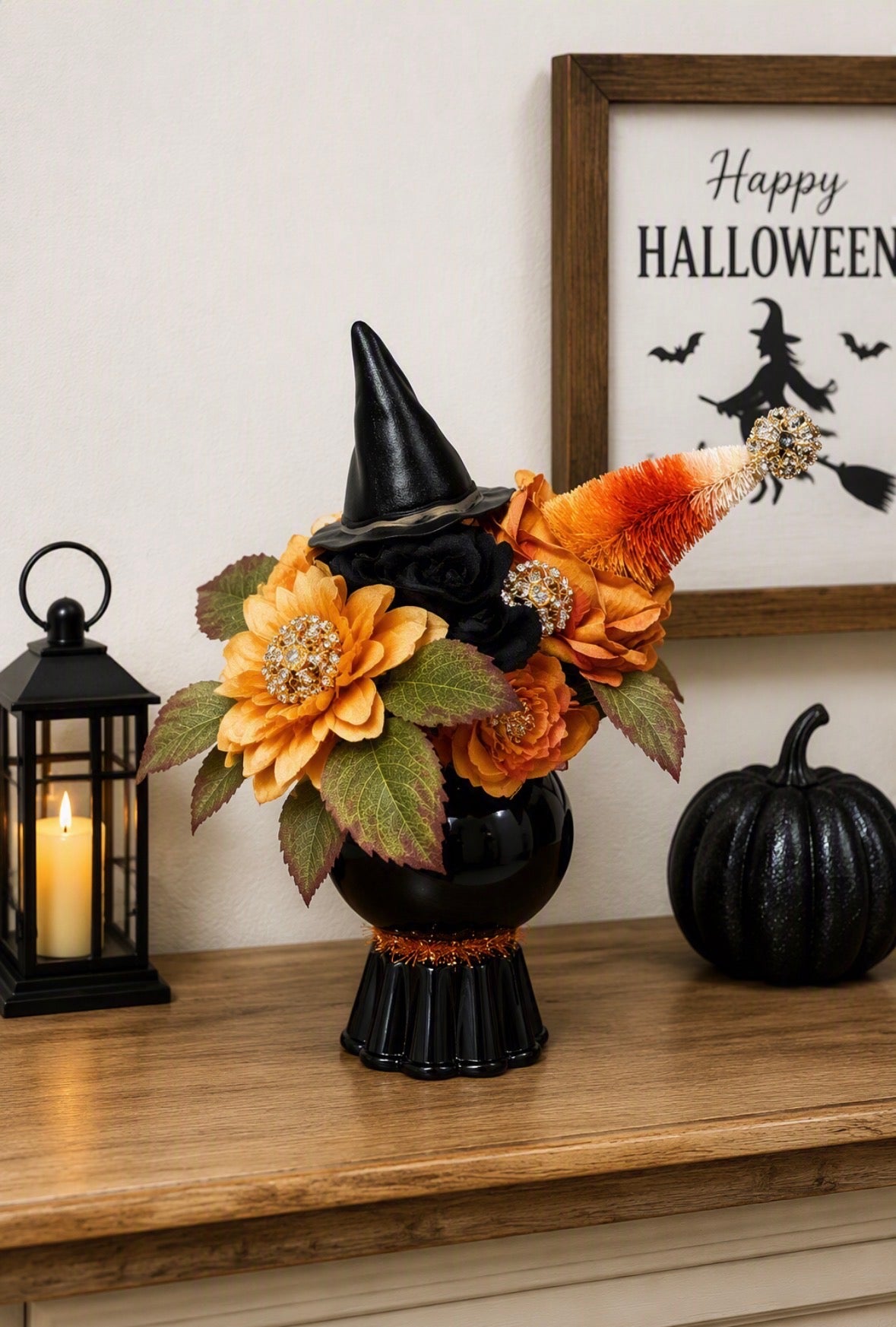 Handmade Halloween Bottle Brush Tree and Large Ball Ornament Collection - Spooky Glam Whimsical Halloween Decor