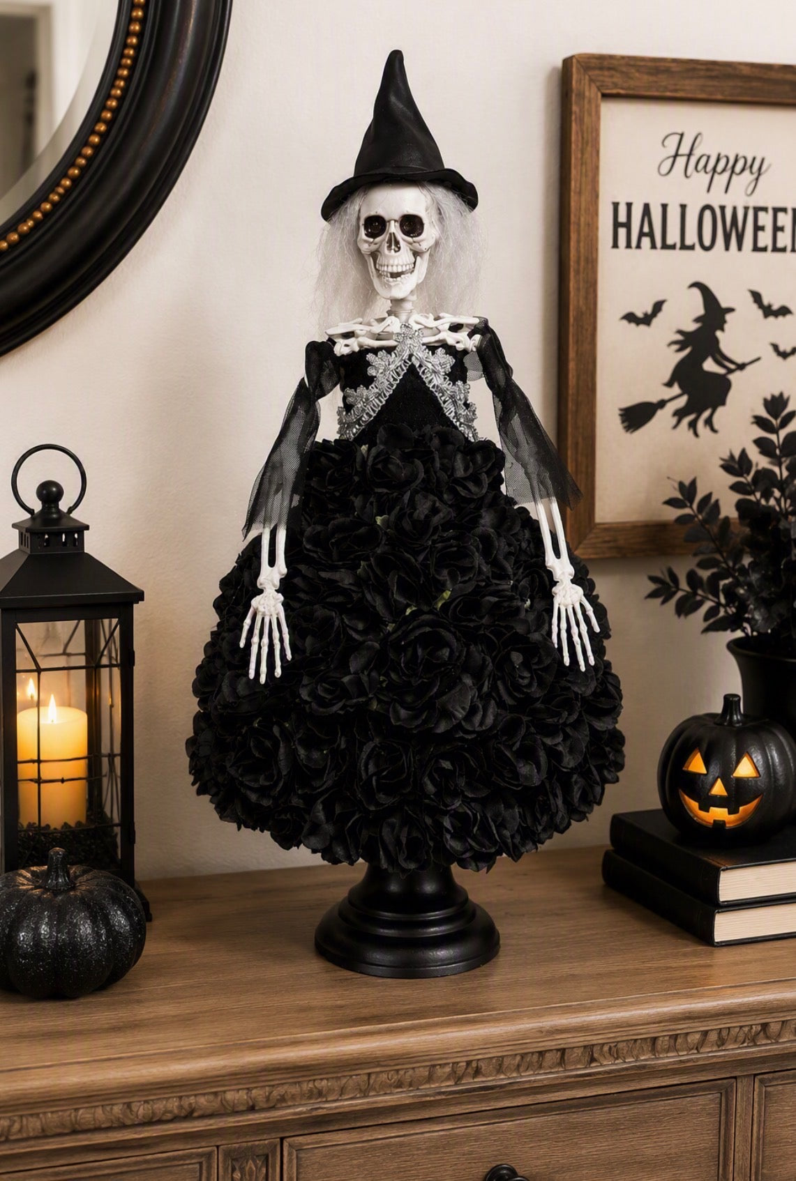 Unique Gothic Skeleton Witch Display Doll in Floral Dress - Skeleton Halloween