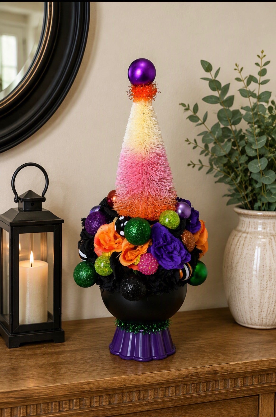 Handmade Halloween Bottle Brush Tree and Large Ball Ornament Collection - Spooky Glam Whimsical Halloween Decor