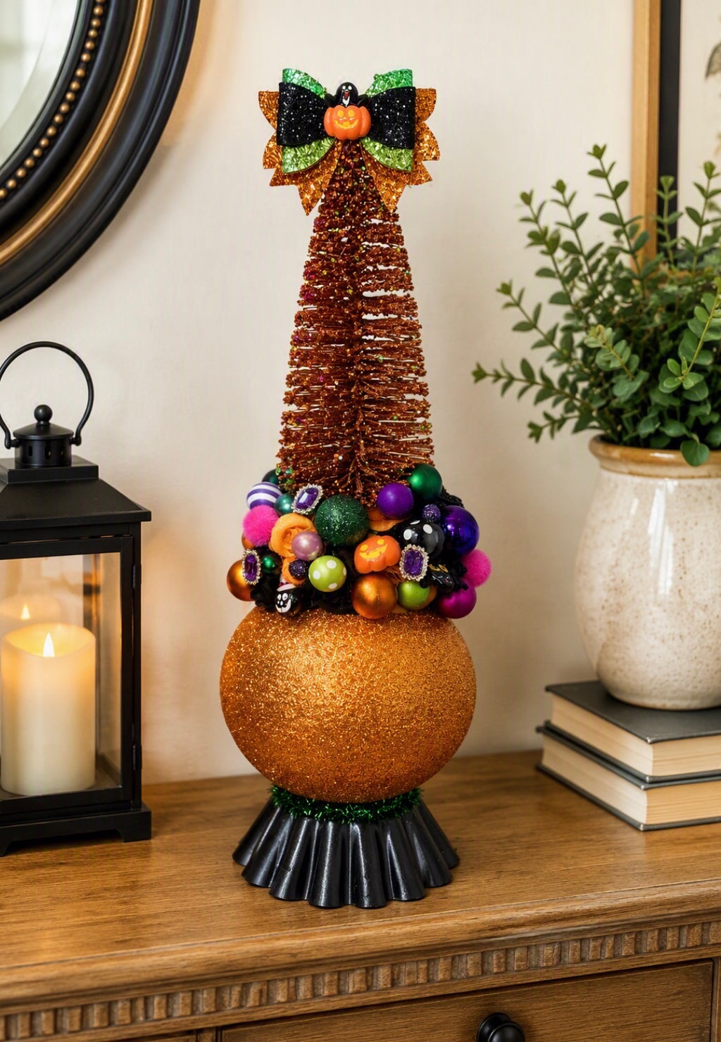 Handmade Halloween Bottle Brush Tree and Large Ball Ornament Collection - Spooky Glam Whimsical Halloween Decor