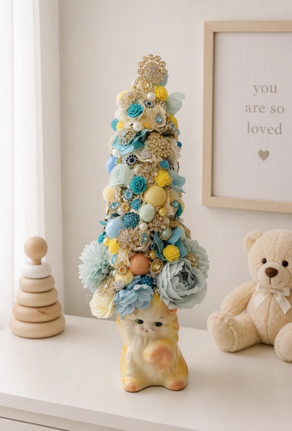 Vintage Kitsch Yellow and Blue Cat Planter Bottle Brush Tree  - Handmade Decor