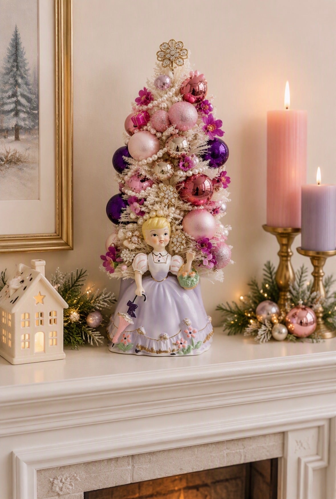 Vintage Ruben’s Purple Girl Planter Bottle Brush Christmas Tree - Handmade Holiday Decor