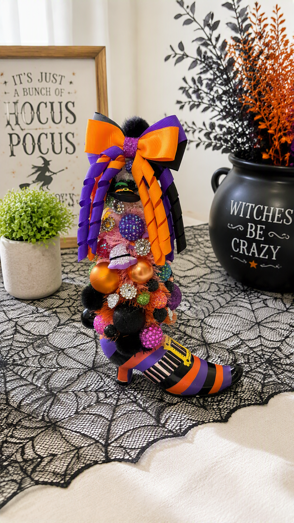 Halloween Witch Boot Bejeweled Bottle Brush Trees