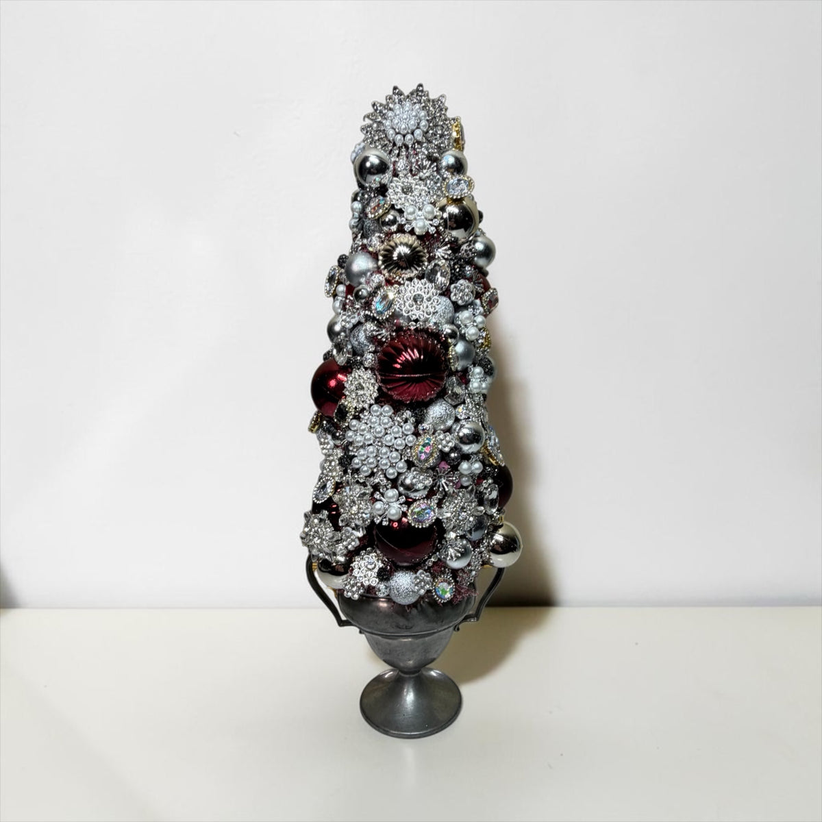 Handcrafted Christmas Table-Top Tree | Silver, Burgundy and Pearl Bejeweled Holiday Tree