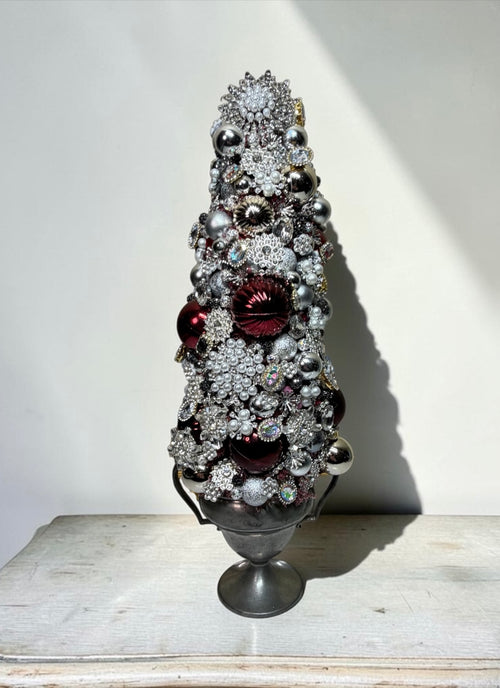 Handcrafted Christmas Table-Top Tree | Silver, Burgundy and Pearl Bejeweled Holiday Tree