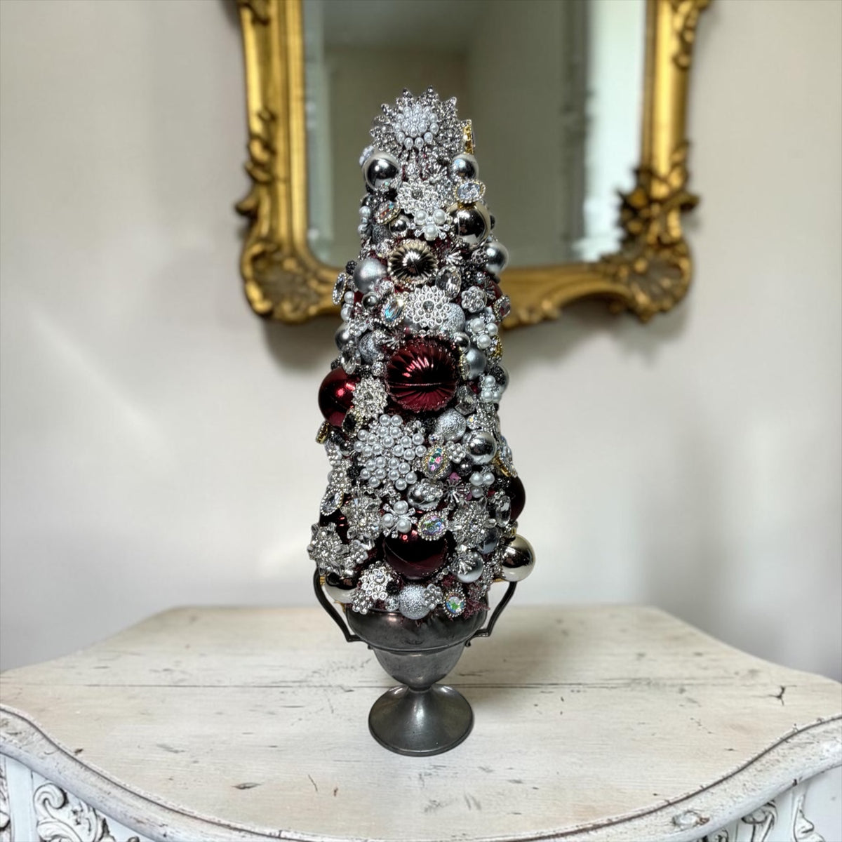 Handcrafted Christmas Table-Top Tree | Silver, Burgundy and Pearl Bejeweled Holiday Tree
