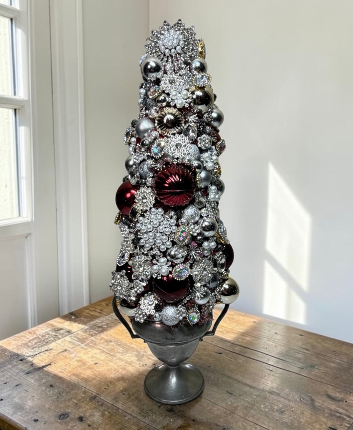 Handcrafted Christmas Table-Top Tree | Silver, Burgundy and Pearl Bejeweled Holiday Tree