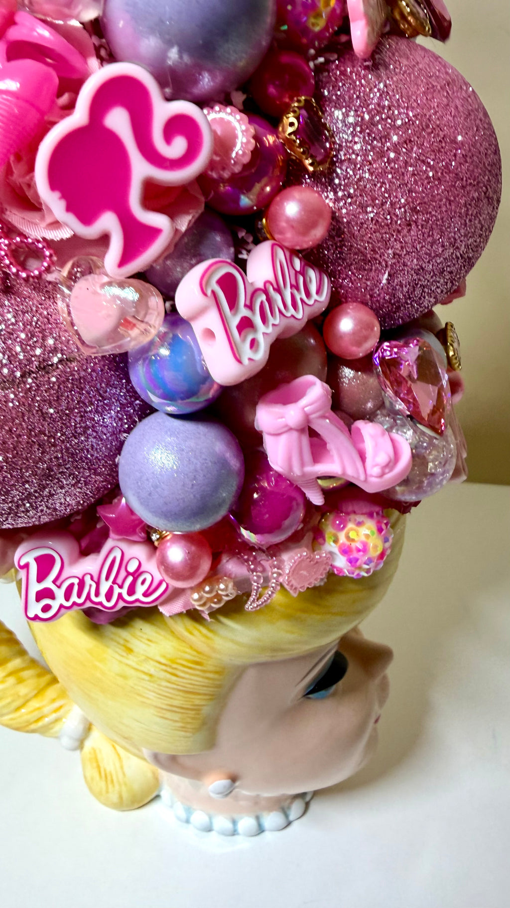 Pink and Purple Barbie  Bejeweled Bottle Brush Tree in Vintage 3D Barbie Head Mug | Fleur Fancier 
