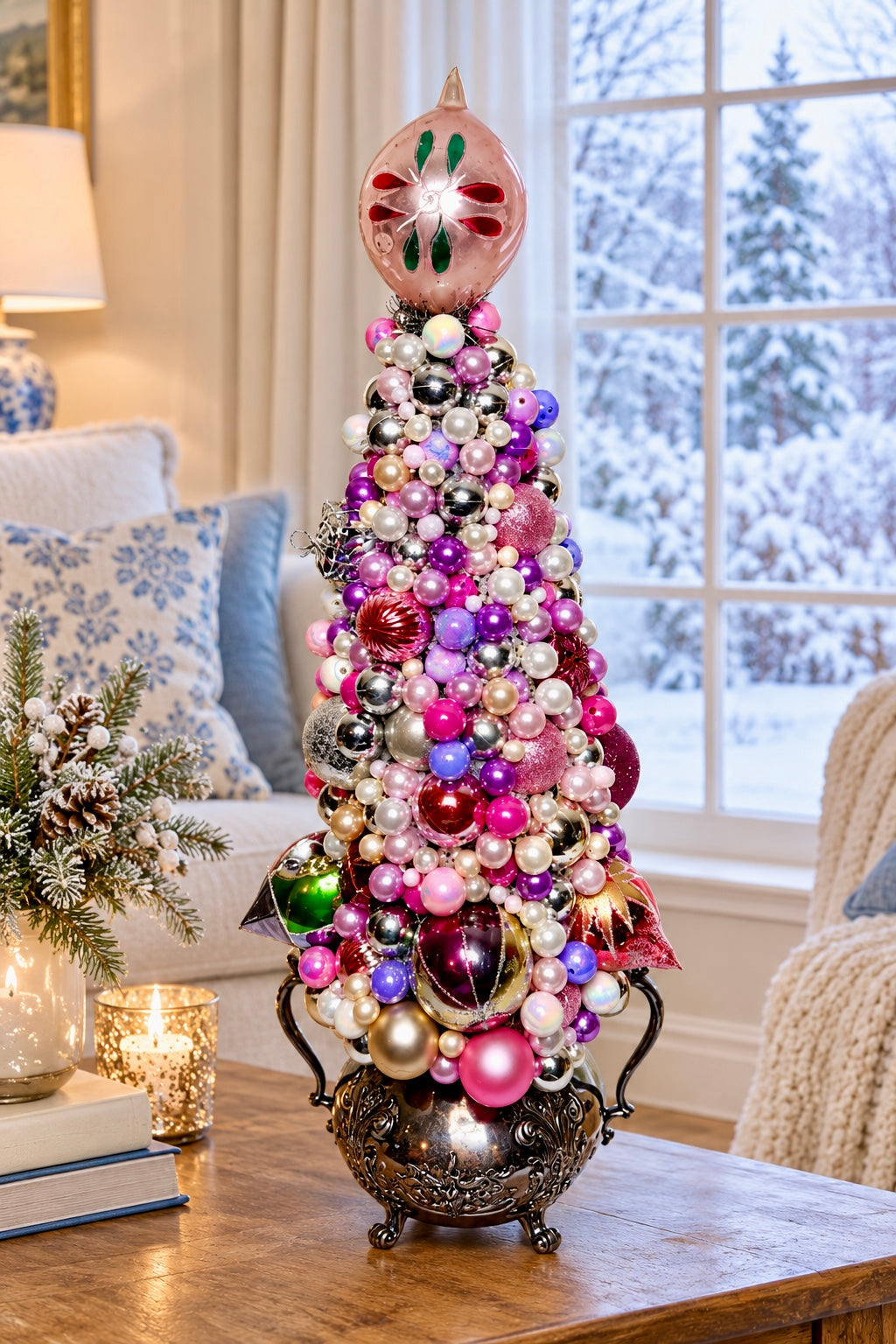 A decorative tabletop Christmas tree filled with colorful ornaments in pink, purple, silver, white, and green, displayed on a wooden table in a cozy living room near a window showing a snowy outdoor view.