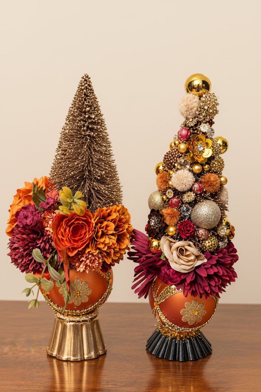 Luxe jewel bottle brush trees on soft cream background
