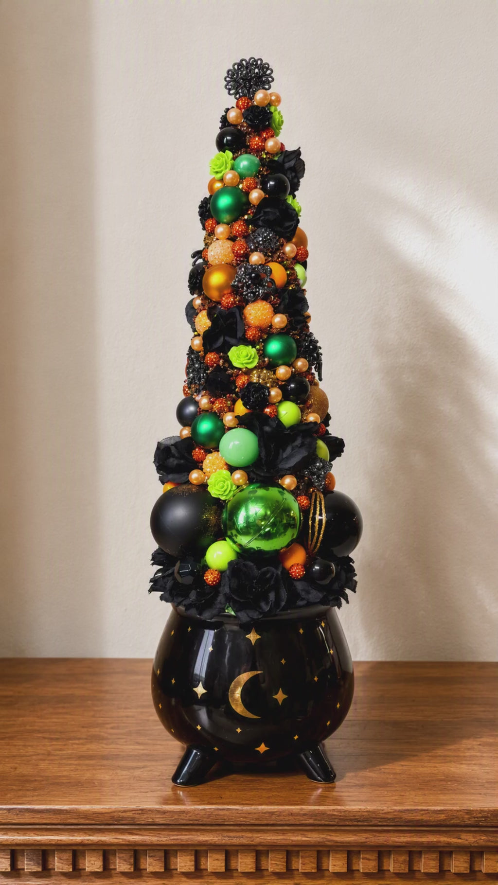 Halloween Ornament Tree in Black Cauldron | Gothic Halloween Decor | Spooky Tabletop Tree | Witchy Mantel Decoration | Green Orange Black
